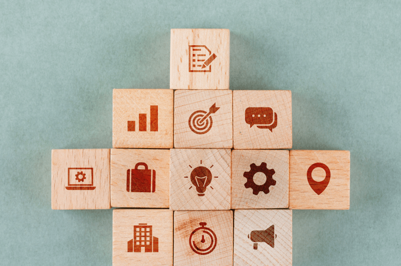 1e28e8a6 Business Strategy Concept With Wooden Blocks With Icons 1